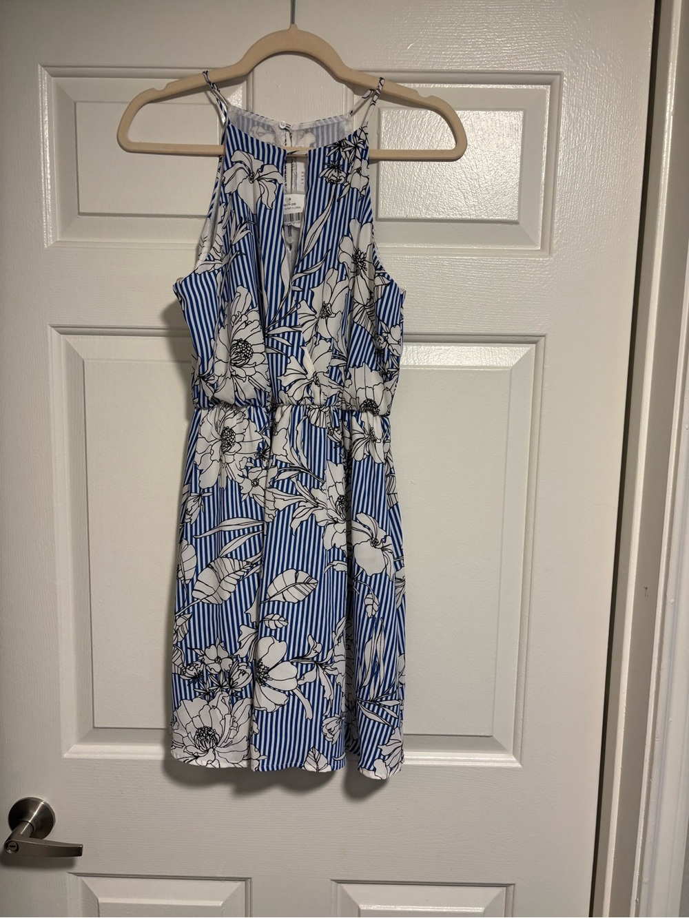 Lush Blue & White Striped Floral Halter Dress